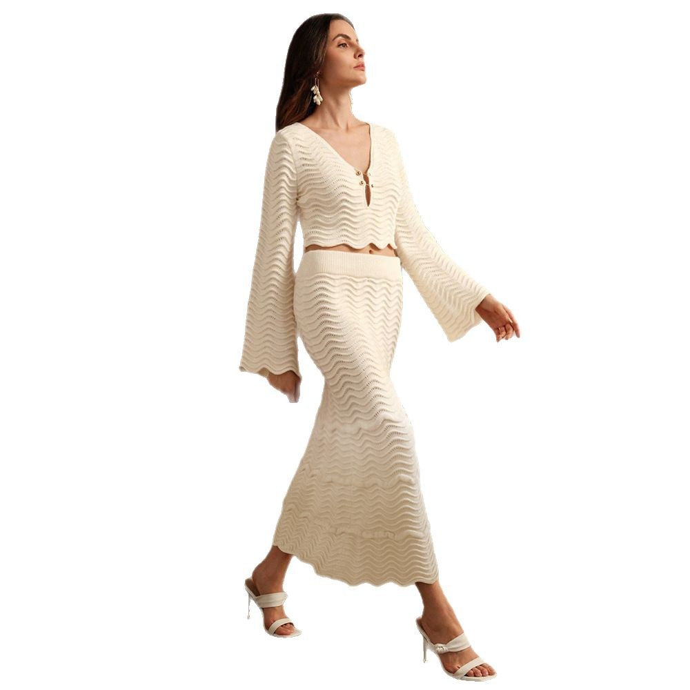 Dame struktureret strik cropped sweater og nederdel sæt Stilla