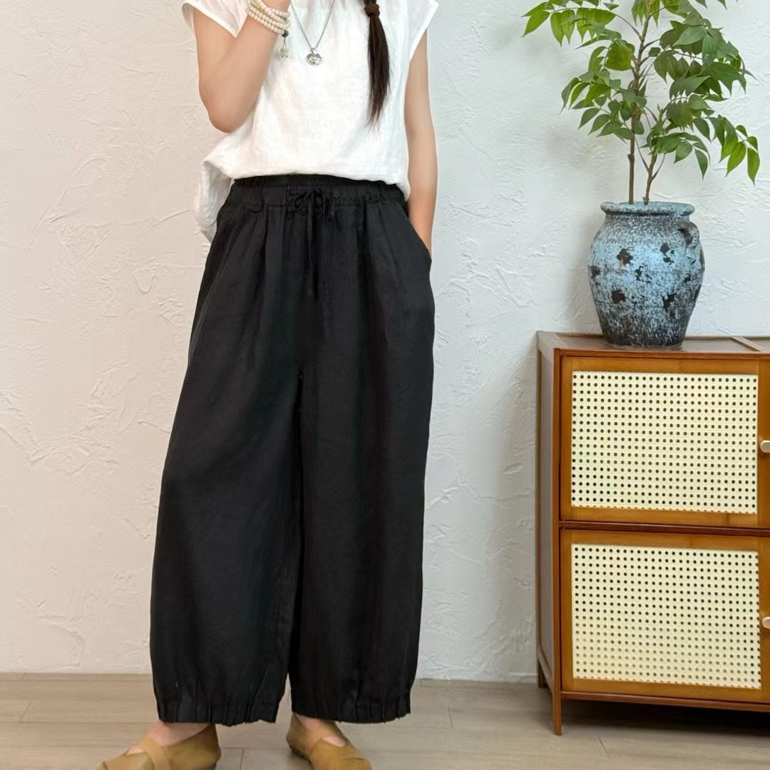 Dame Casual Højtaljede Linned-Culottes med elastiske Ankelslutninger Stilla