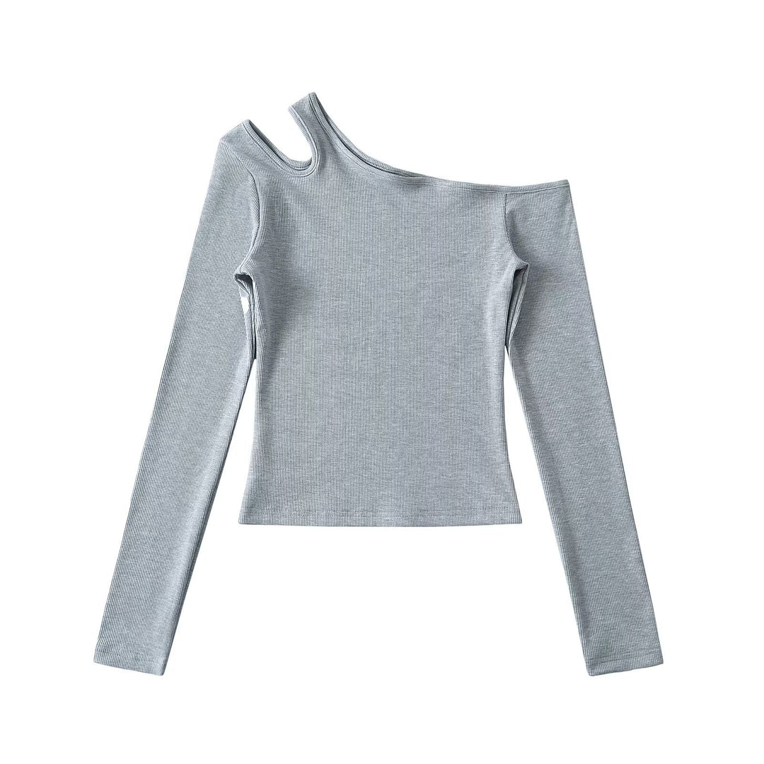 Dame asymmetrisk langærmet skjorte med off-shoulder design og kvalitets ribmateriale Stilla