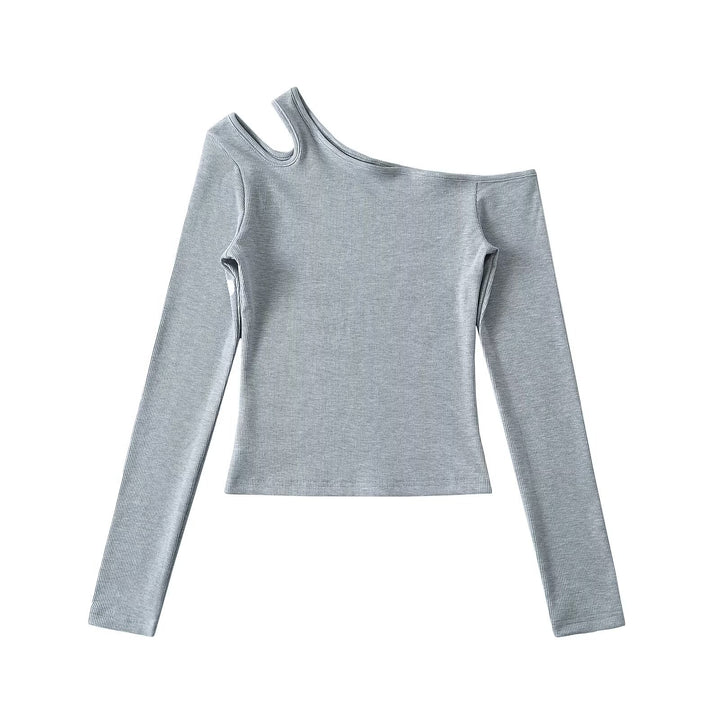Dame asymmetrisk langærmet skjorte med off-shoulder design og kvalitets ribmateriale Stilla