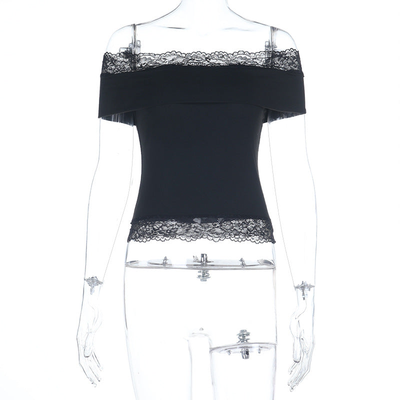 Dame off-shoulder top med blondekant Skovae