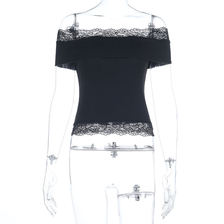 Dame off-shoulder top med blondekant Skovae