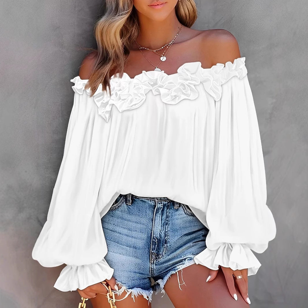 Dame Off-Shoulder Bluse med flæsedetaljer og vide ærmer Stilla