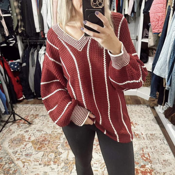 Damer Stilfuld Sweater med V-Hals og Stribet Design Stilla