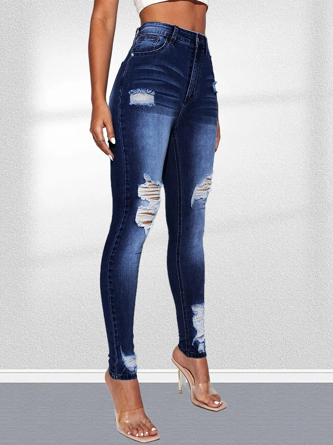Dame højtaljede skinny jeans i den trendy destroyed-look med fashionable rifte detaljer Stilla