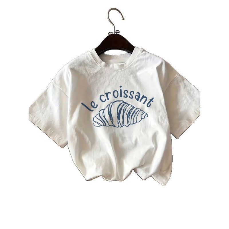 Dame T-shirt med kreativt croissant-motiv og afslappet oversized-snit Stilla