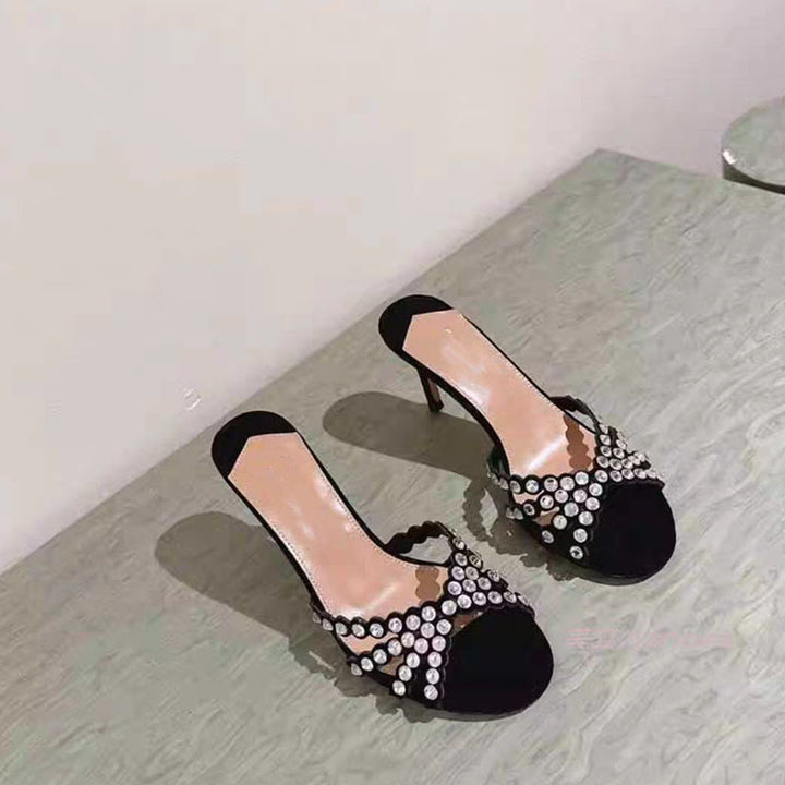 Femme Elegant Strass Åben Tå Hæle Mules Stilla