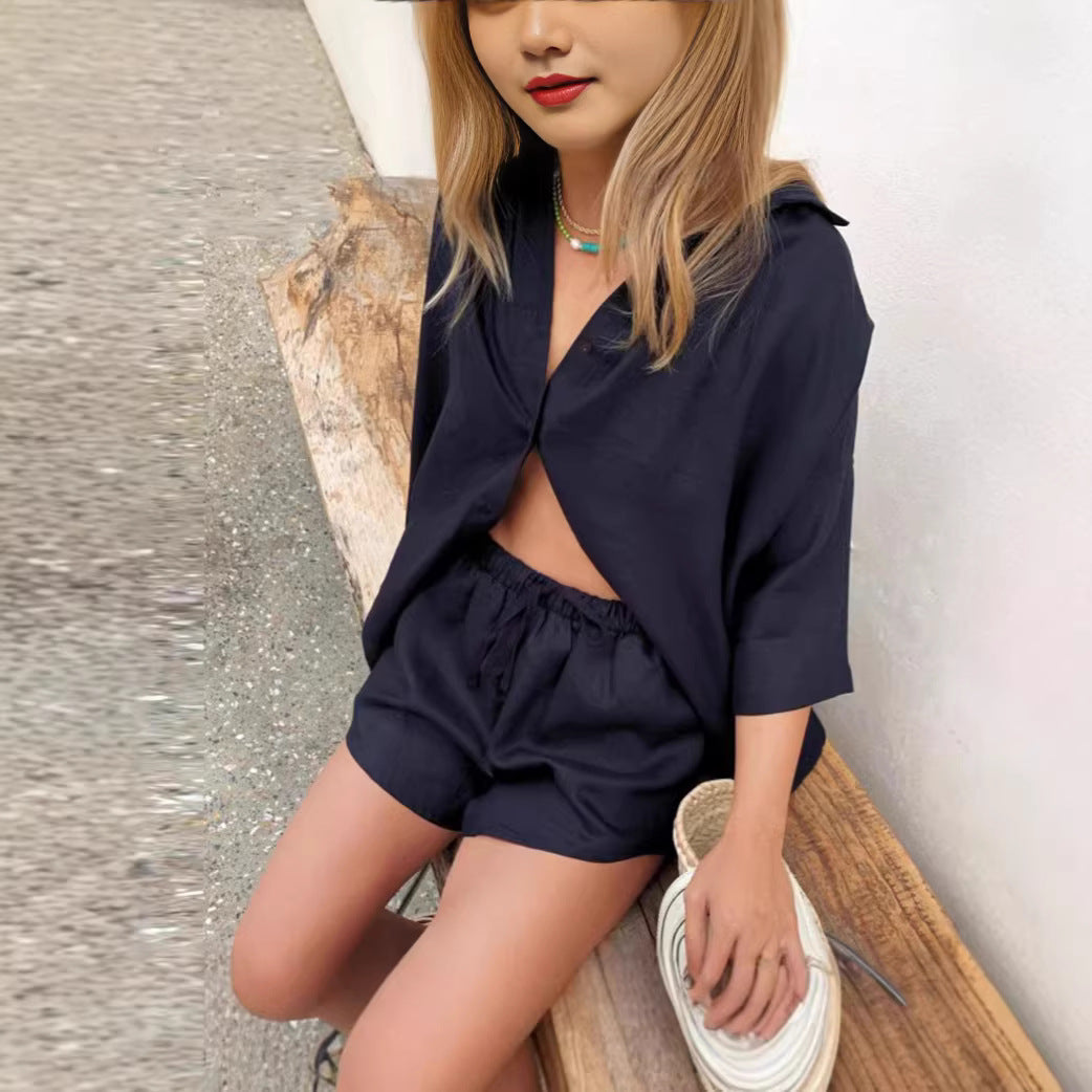 Dame let linned blouse med shorts Skovae