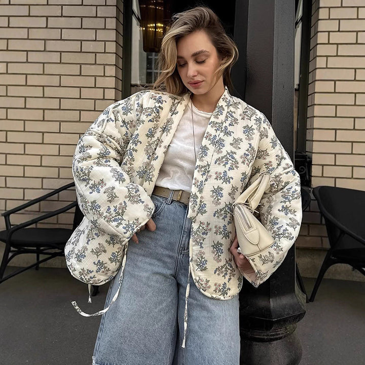 Damens quilted Jacquard cardigan med blomster mønster Stilla