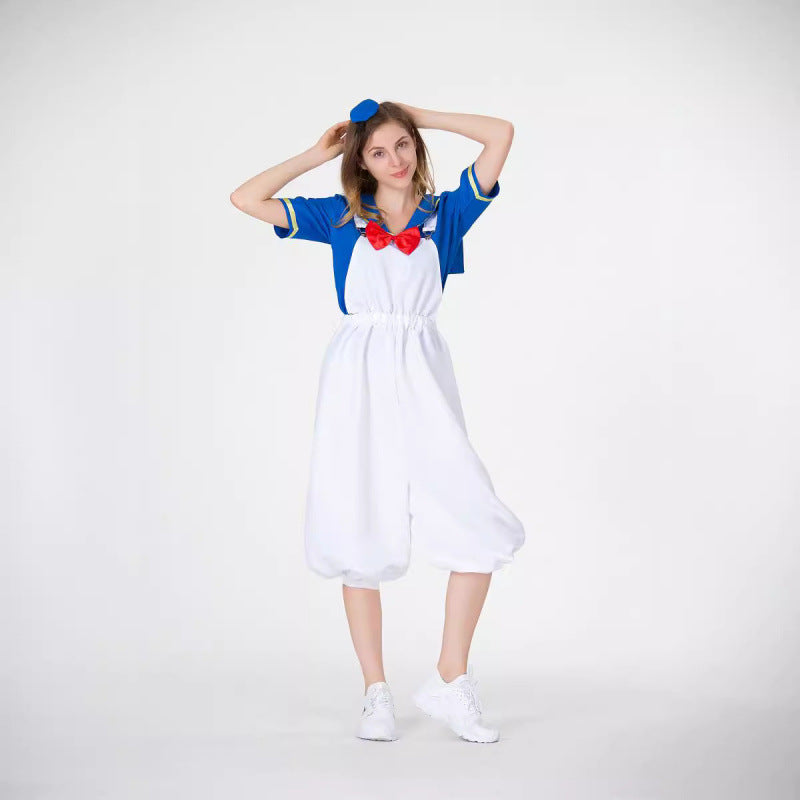 Dame kostume sæt i maritim stil med kaptajnhat og store overalls Stilla