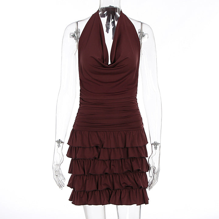Dame kort ruffled skjorte med halterneck og figursyet design Skovae