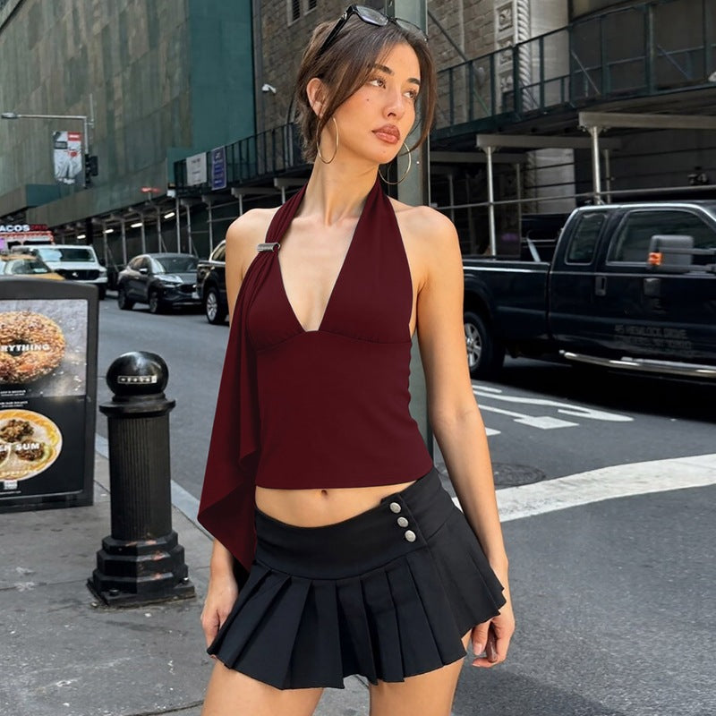 Dame Cropped Top med asymmetrisk snit og elegant halterdesign Skovae