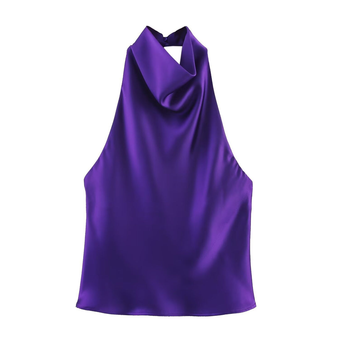 Dame elegant halterneck top med flydende snit og dekorative detaljer Skovae