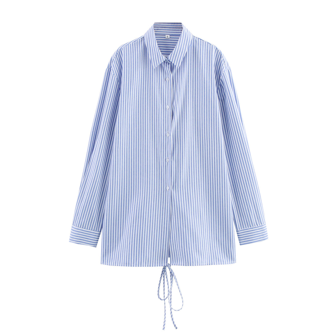 Femme Let Stribet Button-Up Skjorte med Justerbar Snøre Stilla