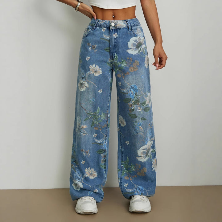 Kvinders brede jeans med blomstret design og høj talje Stilla