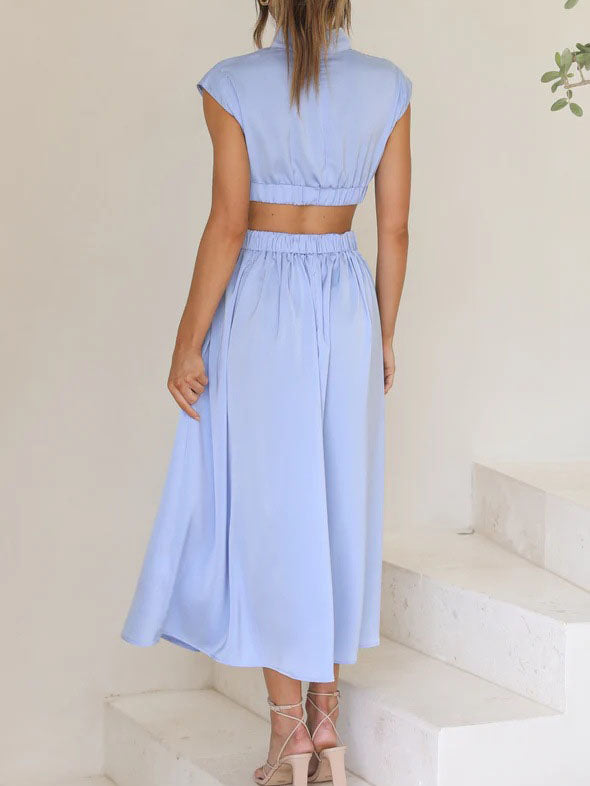 Stilla | Elegant O Hals Ærmeløs Udsnit Solid Maxi Kjole