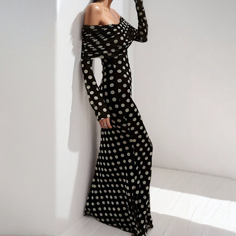 Dame Maxikjole med asymmetrisk Off-Shoulder-udskæring og Polka-Dot mønster Stilla