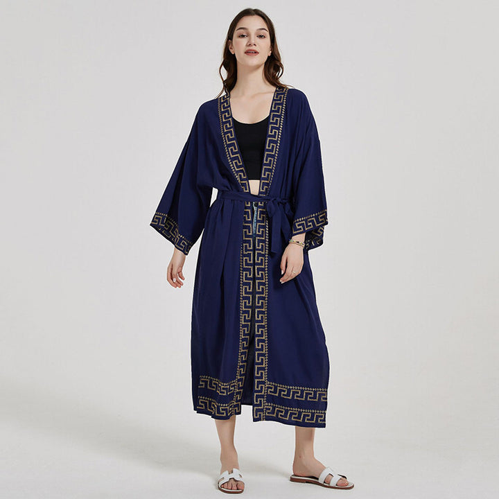 Dame lang Kaftan med elegant bælte og kunstnerisk mønster Stilla