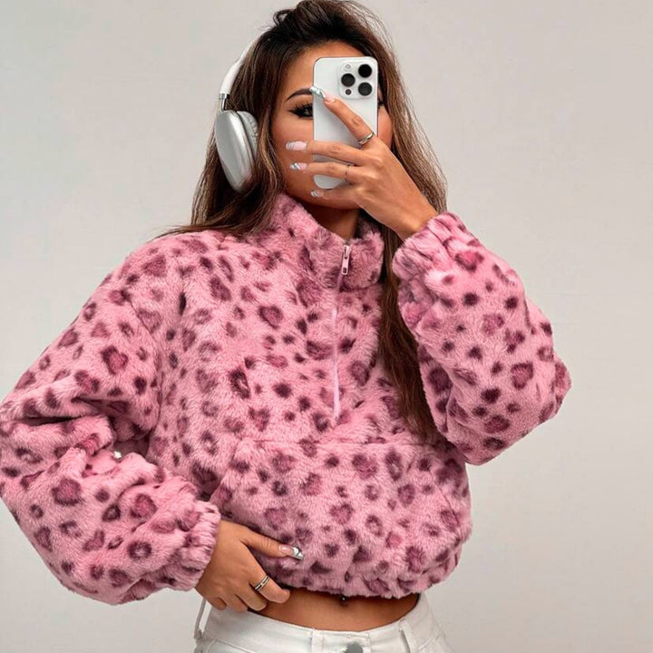 Damer fleece pullover med leopardmønster Stilla
