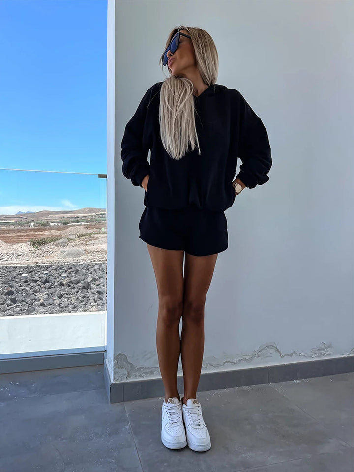 Dame afslappet hættebluse og shorts-sæt Stilla