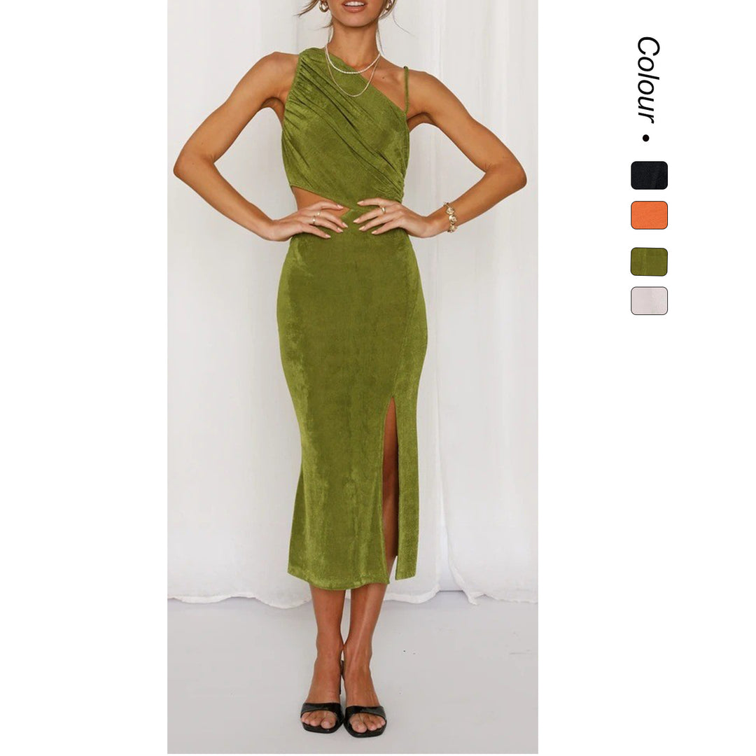 Damer Elegant Midi Kjole med Unikt Asymmetrisk Design og Side Udsnit Skovae