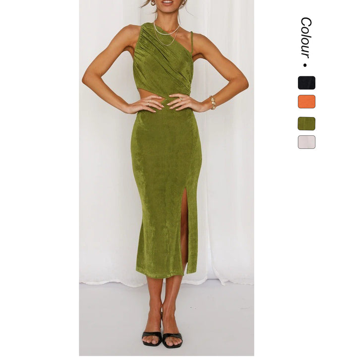 Damer Elegant Midi Kjole med Unikt Asymmetrisk Design og Side Udsnit Skovae