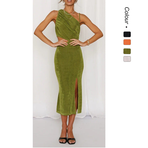 Damer Elegant Midi Kjole med Unikt Asymmetrisk Design og Side Udsnit Skovae