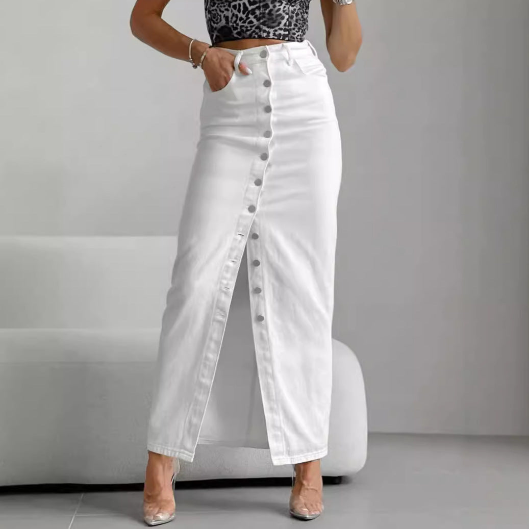 Dame lang denimnederdel med knapdetaljer og elegant deling Stilla