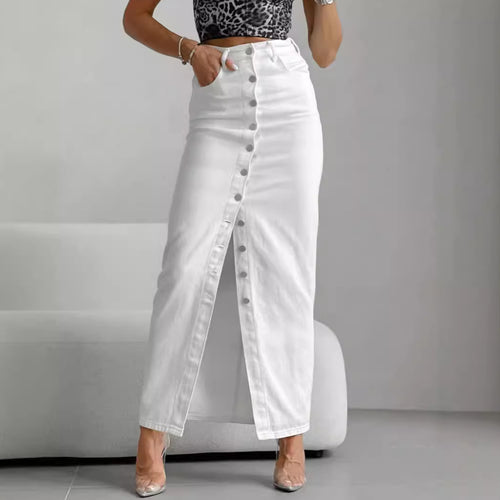 Dame lang denimnederdel med knapdetaljer og elegant deling Stilla