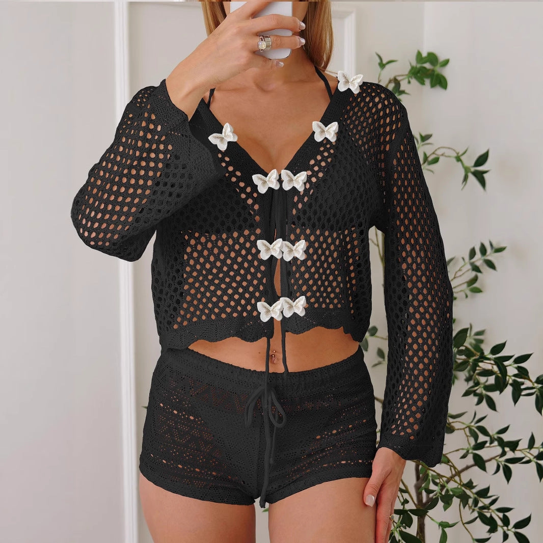 Dame net strandtop med dekorative sommerfugldetaljer Stilla
