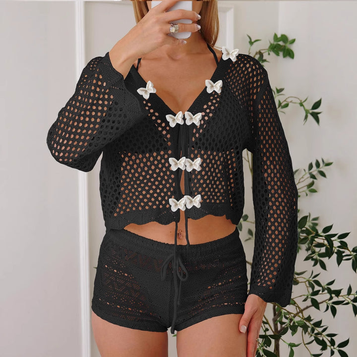Dame net strandtop med dekorative sommerfugldetaljer Stilla