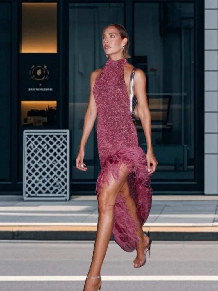 Dame Glamourøs Aftenkjole med glitrende palietter og eksklusive fjerdetaljer Stilla