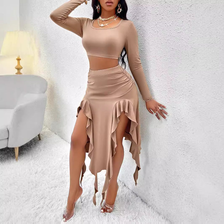 Dame Elegant top med asymmetrisk nederdel og rynk Stilla
