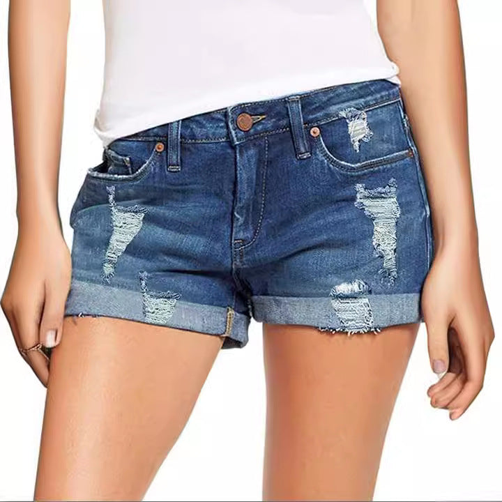 Dame modische Destroyed Denim-shorts med omfoldet kant Skovae