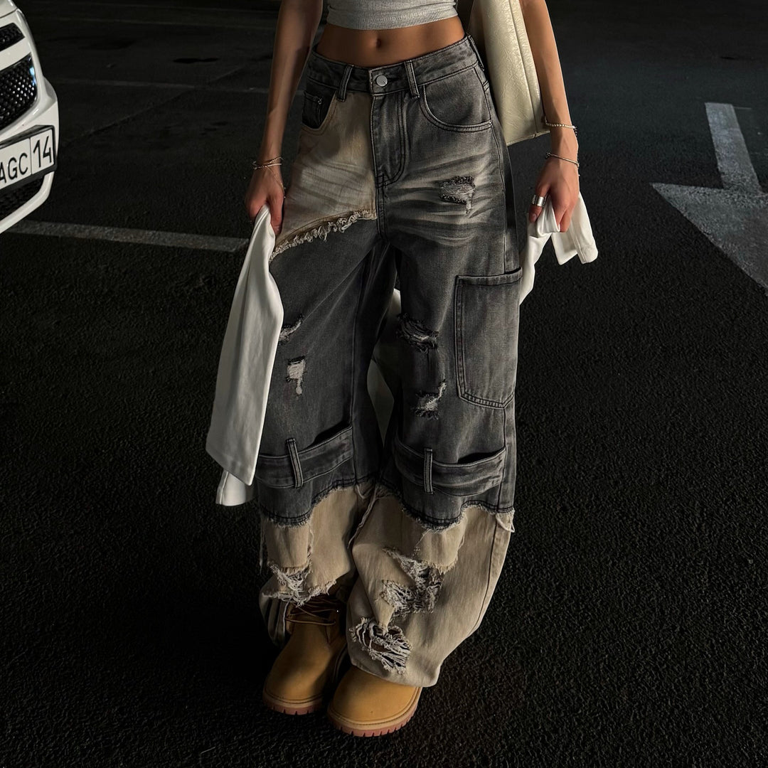 Kvinders trendy cargo jeans med filtet design og drop crotch Stilla