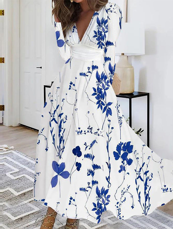 Dame Maxikjole med blomstret design og V-udskæring Stilla