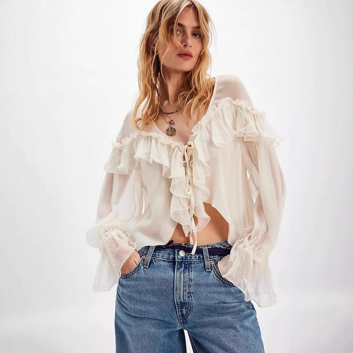 Femme Elegante Volant Bluse med Sløjfe-Detail Stilla