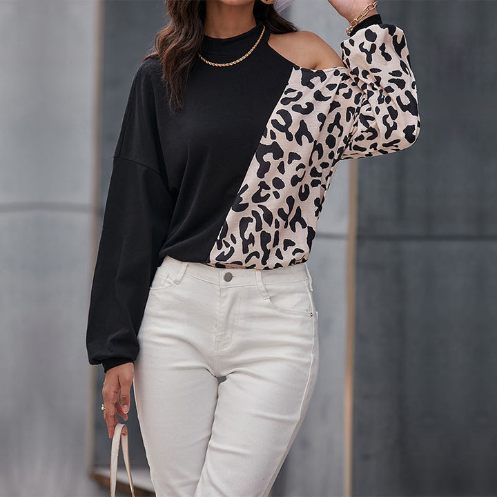 Kvindernes fashionable langærmet skjorte med leopardmønster og asymmetriske indlæg Stilla