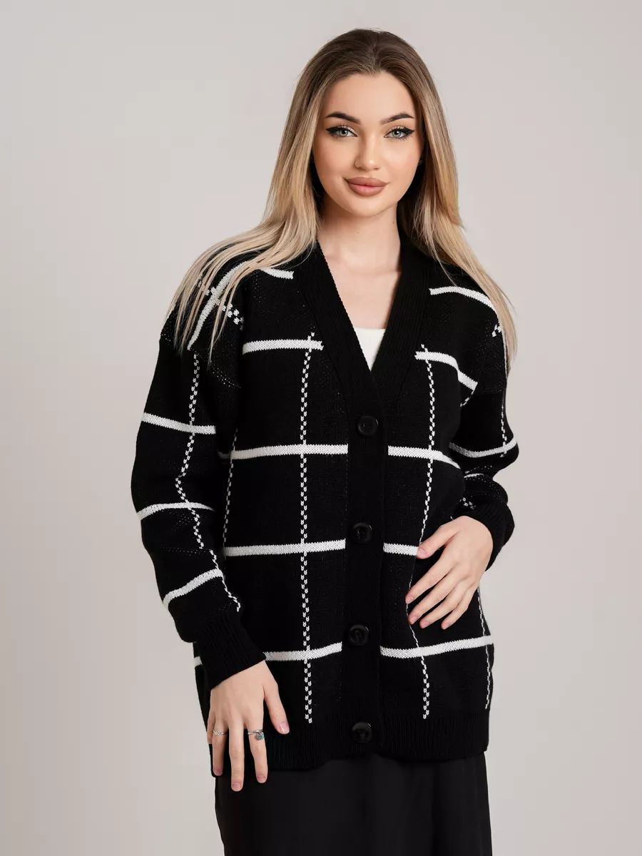 Dame afslappet ternet strikcardigan med knapper og bred pasform Stilla