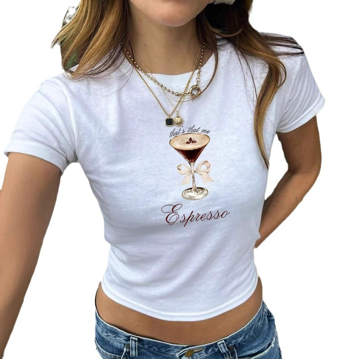 Dame Crop-T-Shirt med kunstnerisk Espresso-motiv og legesyg tekst Skovae
