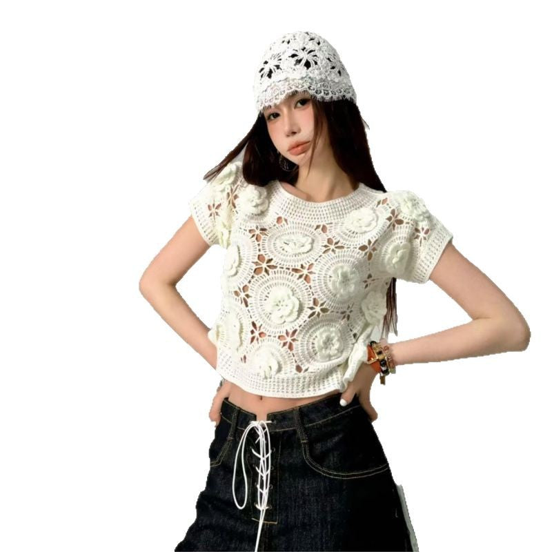 Dame Stor Hæklet Crop-Top med Blomstermotiv Stilla