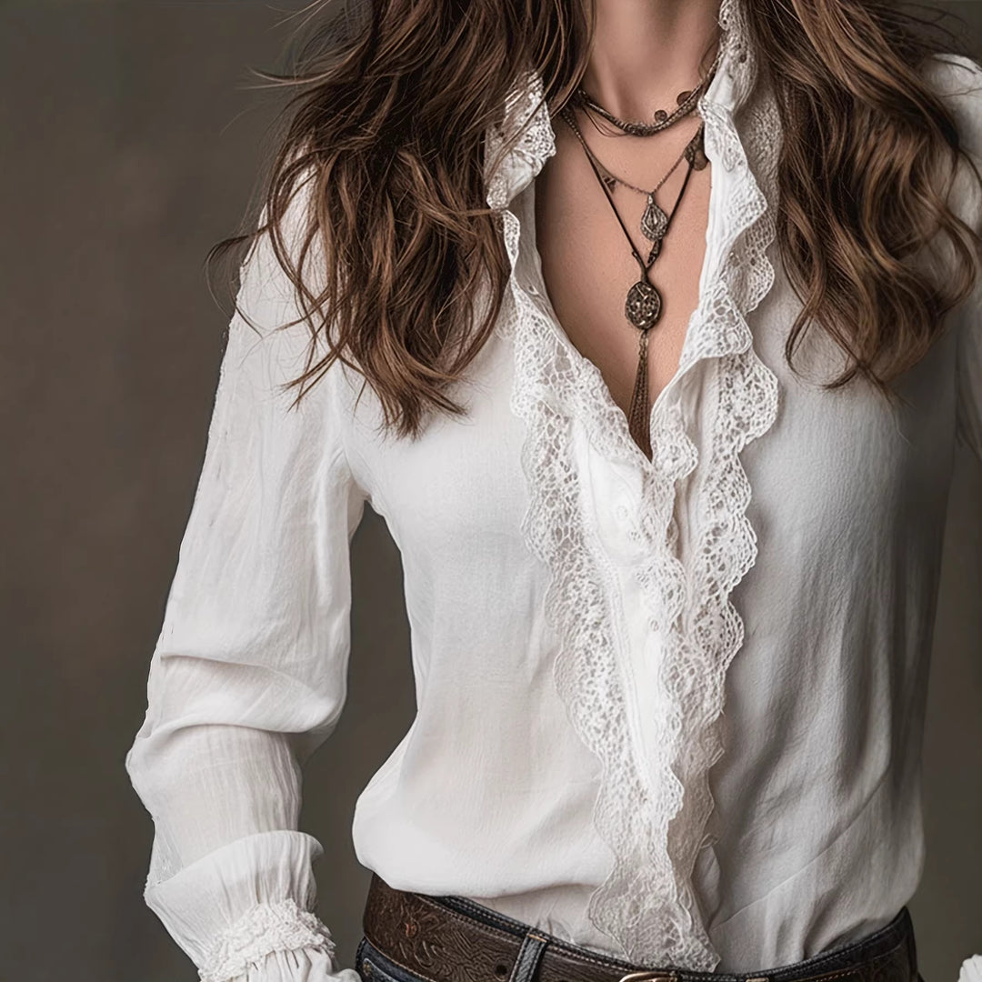 Dame elegant blouse med flæsedetaljer og blondebesætning Skovae