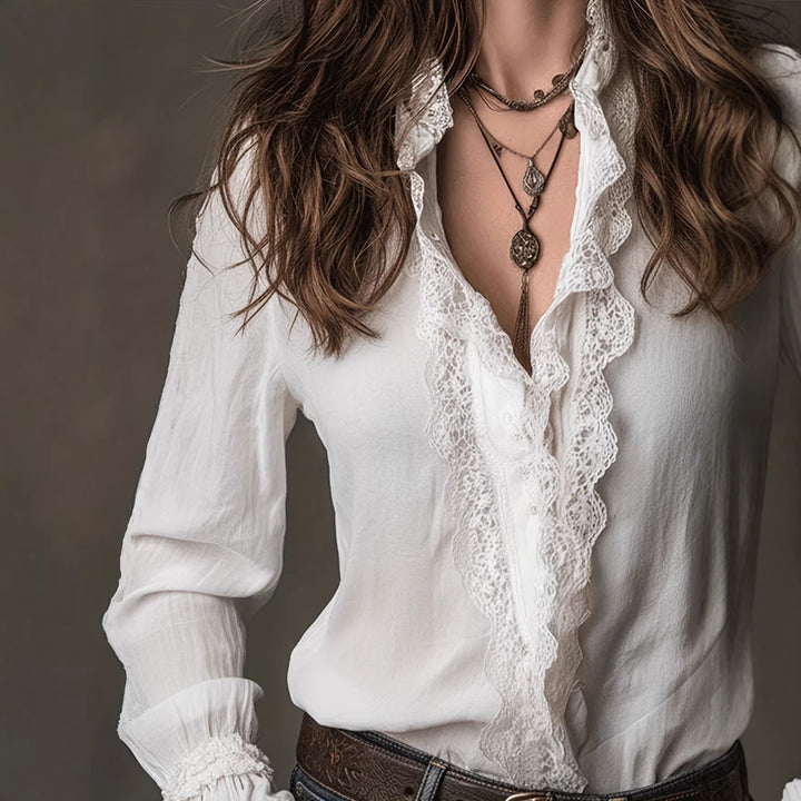 Dame elegant blouse med flæsedetaljer og blondebesætning Skovae