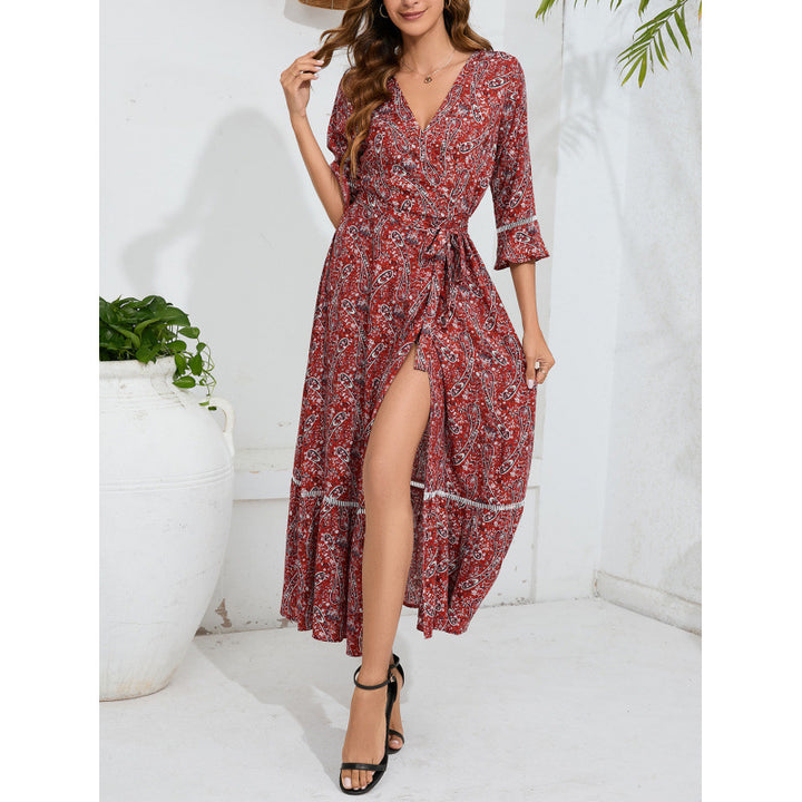 Femme Bohemian-Style Maxi Kjole med Rynkede Ærmer Stilla