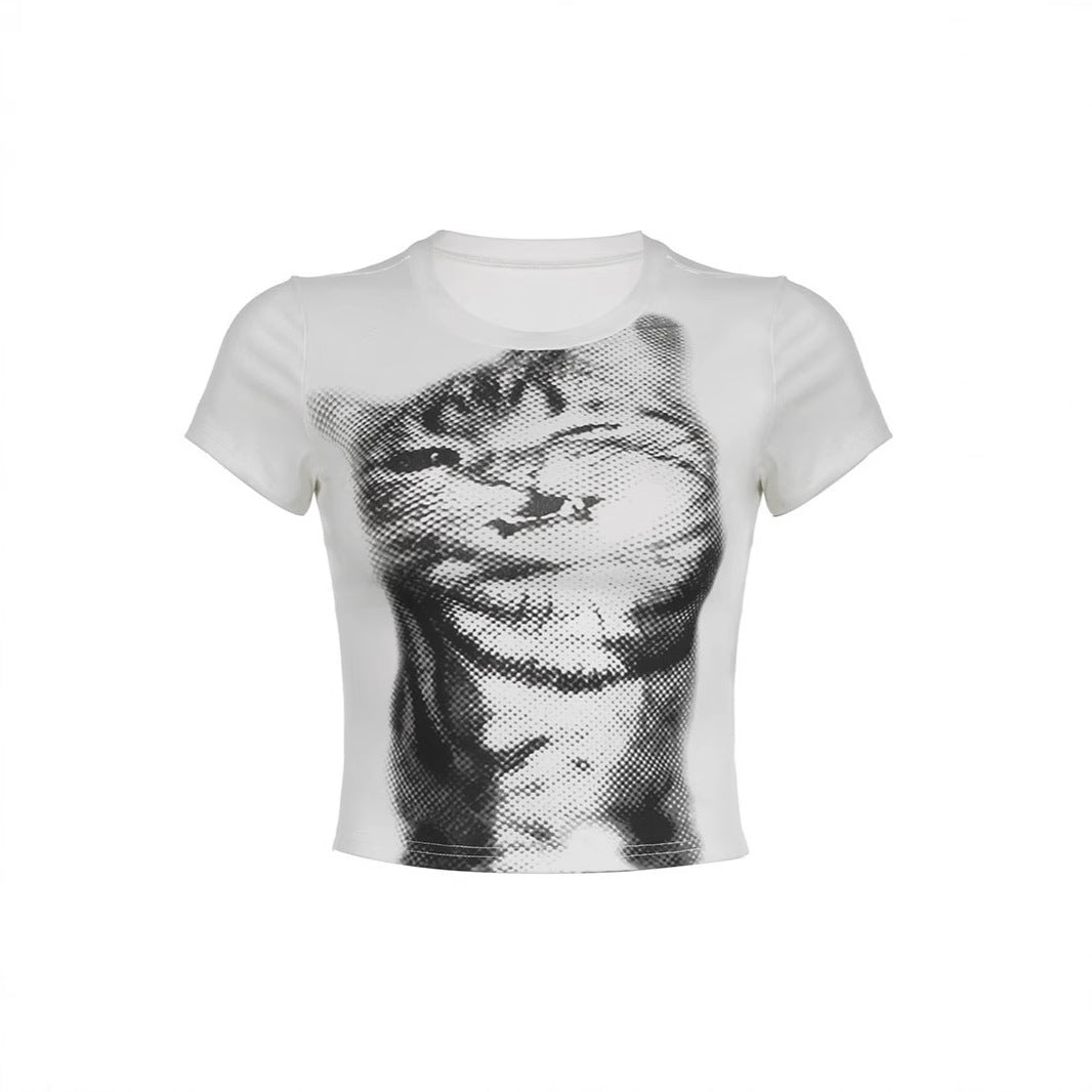 Dame Crop-T-Shirt med kreativt kattemotiv Skovae