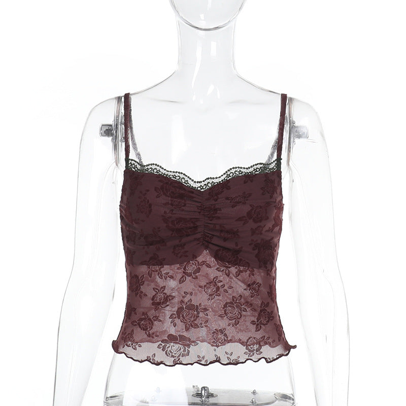 Dame spids-crop-top med blomsterdesign Skovae