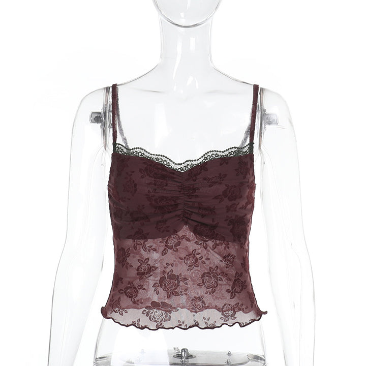 Dame spids-crop-top med blomsterdesign Skovae