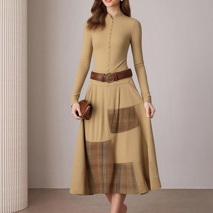 Damer Elegant Midi Kjole med Knap-åbning og Kontrast Detaljer Stilla