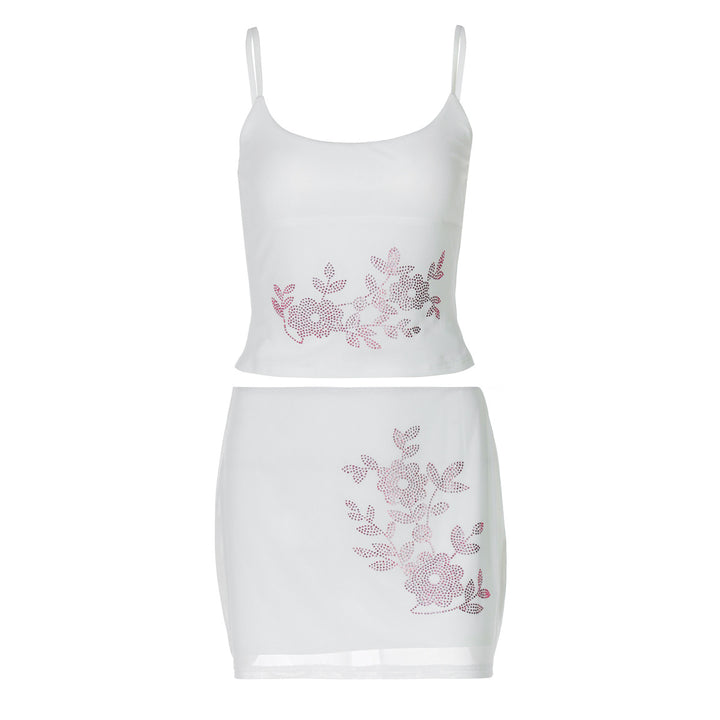 Dame top og nederdel sæt med blomster rhinestone detaljer Stilla