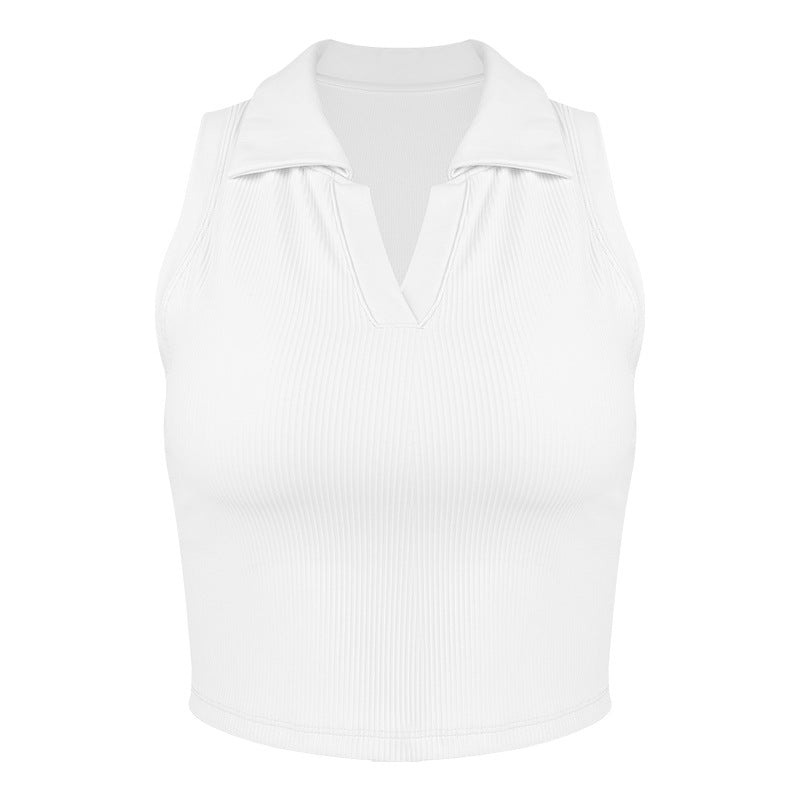 Dame sporty ærmeløs crop-top med elegant krave og innovativ tekstur Stilla